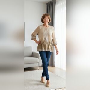 Chico's Peplum Goddess Blouse  3/16/XL Ombre Taupe Silk & Silver Metallic Tunic